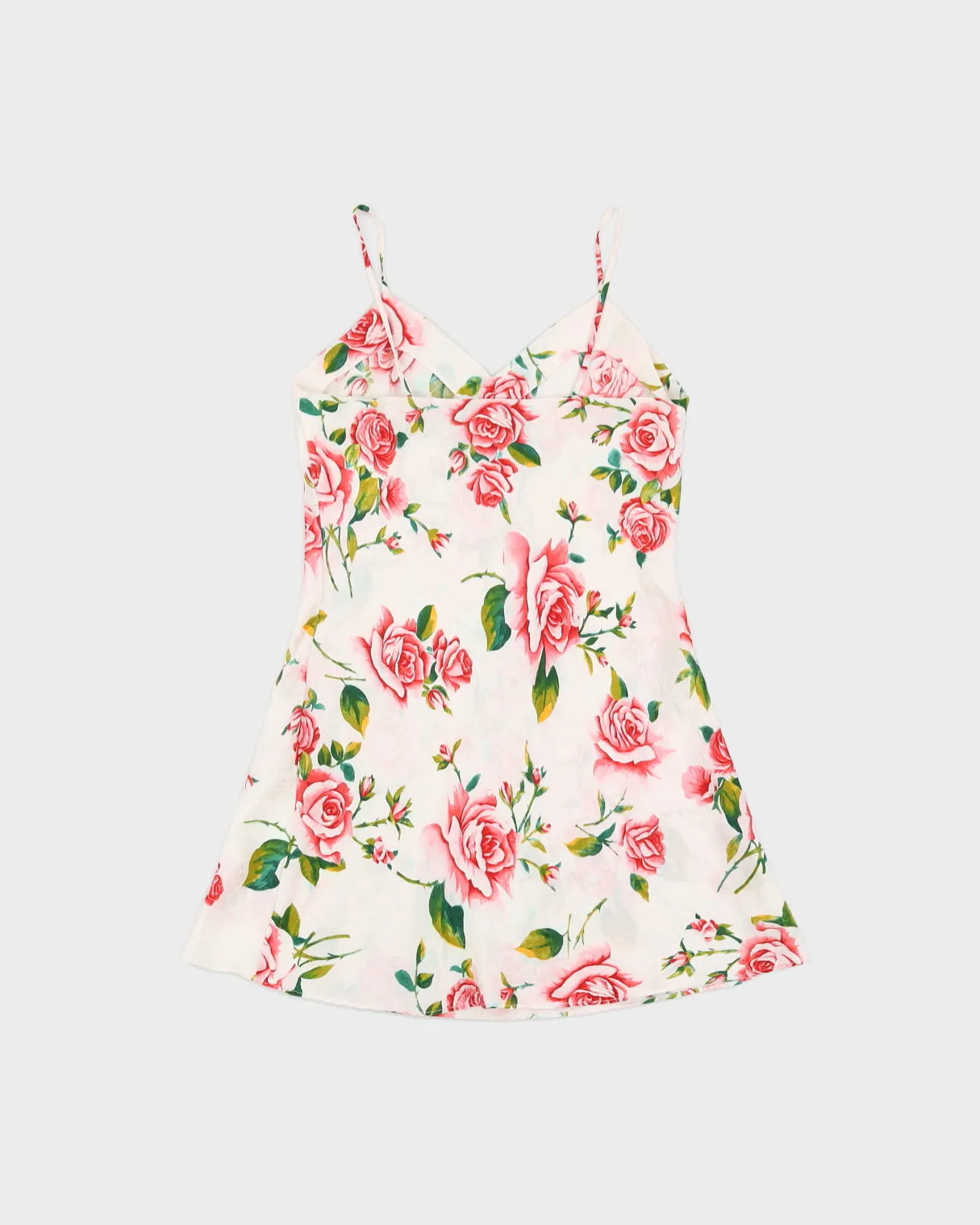 Y2K White Pure Silk Slip Dress with Red Rose Print - S sold by Rokit