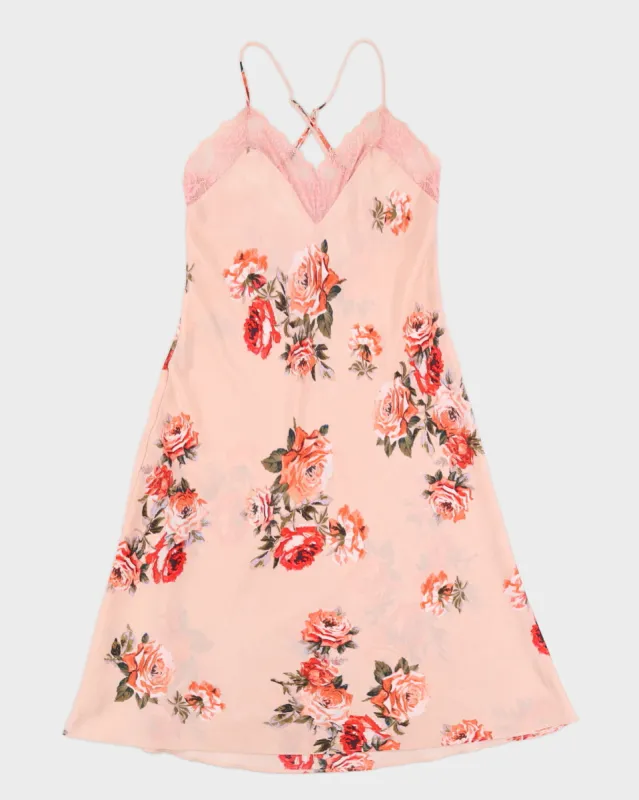 Vintage 1990s Pink Slip Dress With Red Rose Print - M sold by Rokit