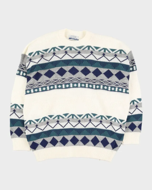 Cream With Blue Pattern Knitted Jumper - XXL sold by Rokit