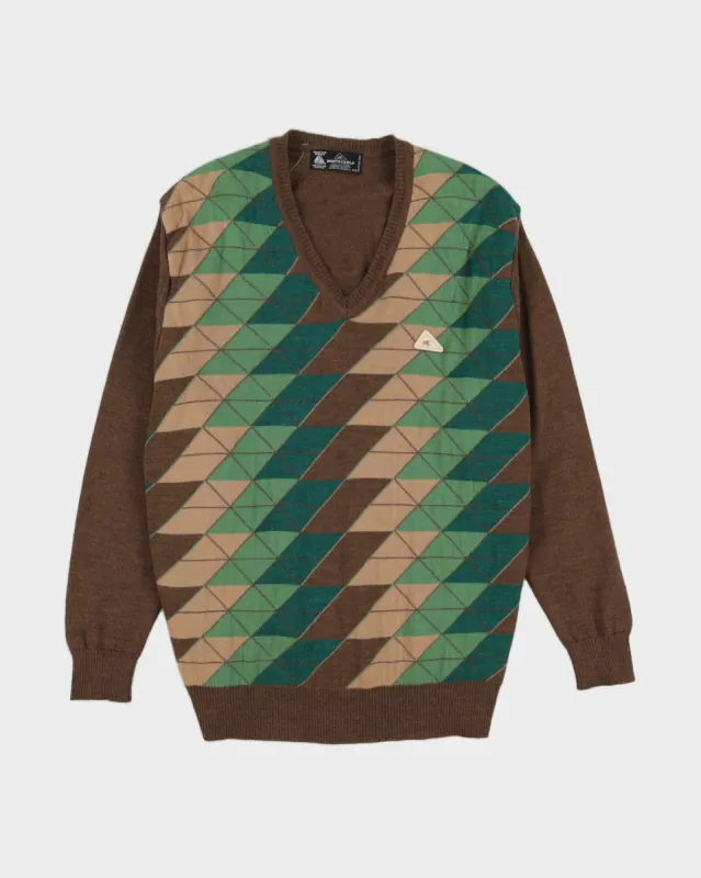 Green And Brown Patterned Knitted Jumper - M made by Rokit