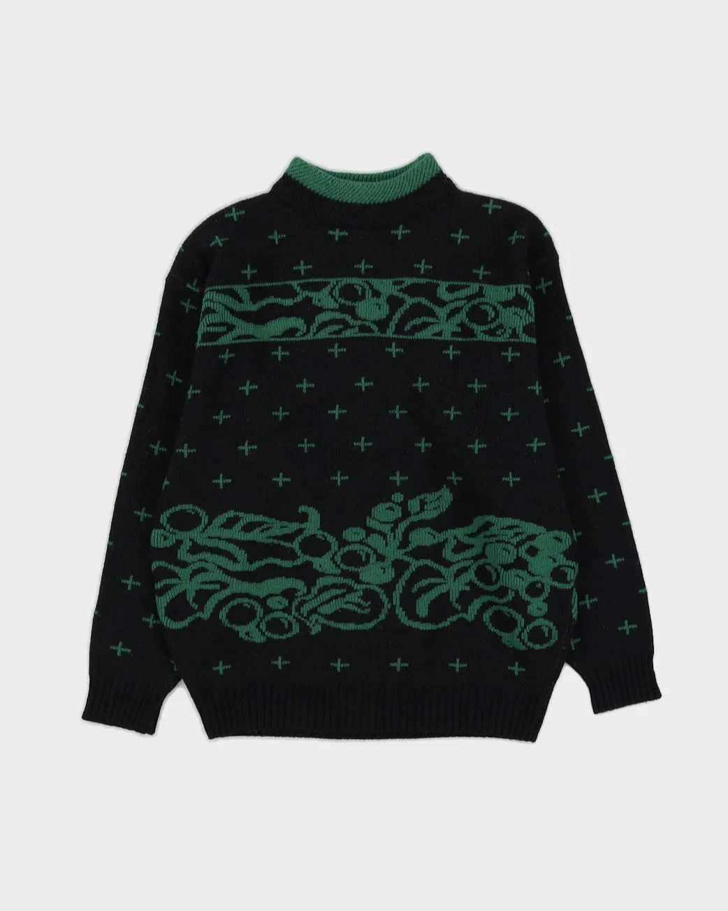 Black With Green Pattern Knitted Jumper - S sold by Rokit
