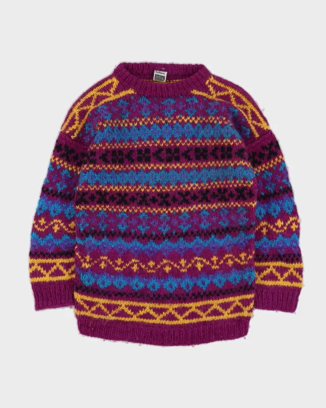 Purple Patterned Wool Knitted Jumper - S sold by Rokit