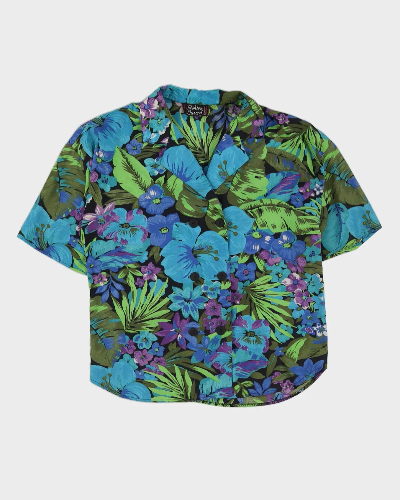 Blue Floral Short Sleeve Blouse - M sold by Rokit