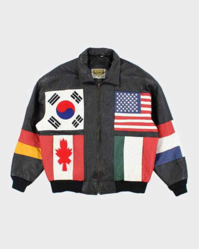 Vintage 90's Phase 2 Black Leather International Flag Bomber Jacket - XL sold by Rokit