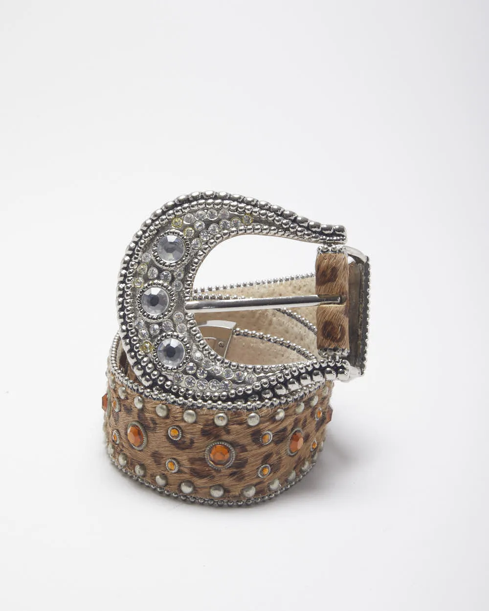 Y2k 00s Leather Rhinestone Leopard Print Belt - W26-W30 sold by Rokit