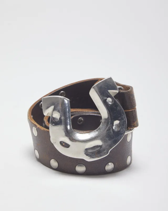 Vintage Western Famous Stars & Straps Brown Leather Studded Silver Toned Horseshoe Buckled Belt sold by Rokit