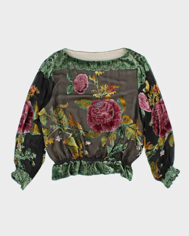Y2k 00s Velour Beaded Sheer Top - L sold by Rokit