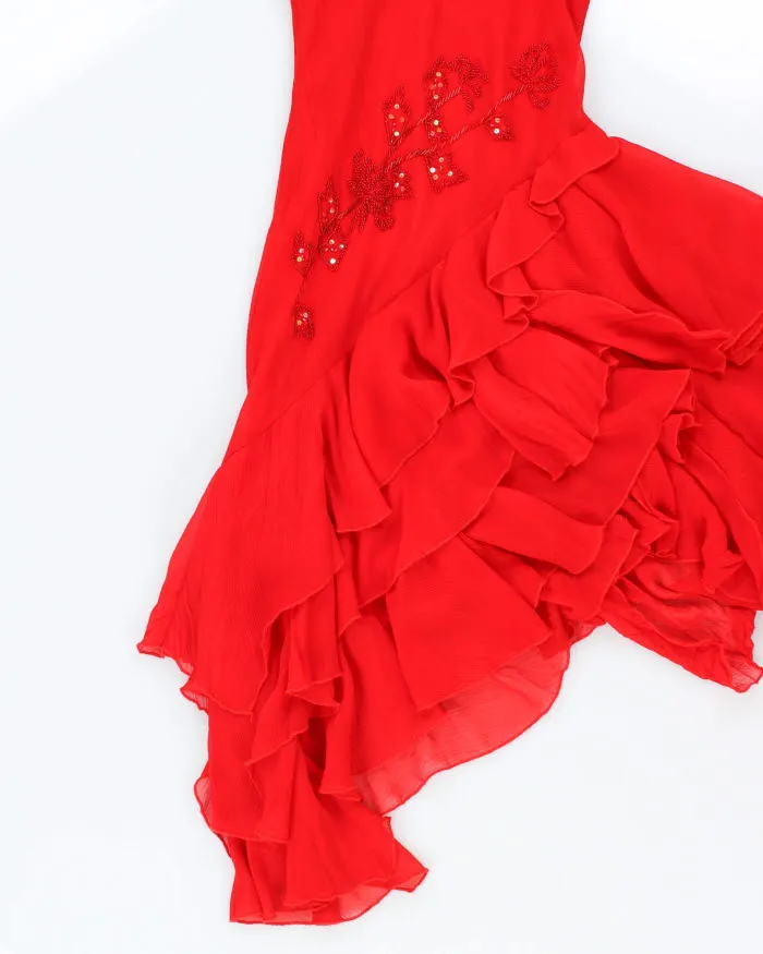 Vintage 90s Red Beaded Ruffle Halter Neck Dress - S sold by Rokit product image thumbnail 4