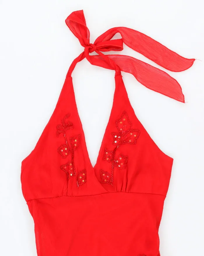 Vintage 90s Red Beaded Ruffle Halter Neck Dress - S sold by Rokit product image thumbnail 3