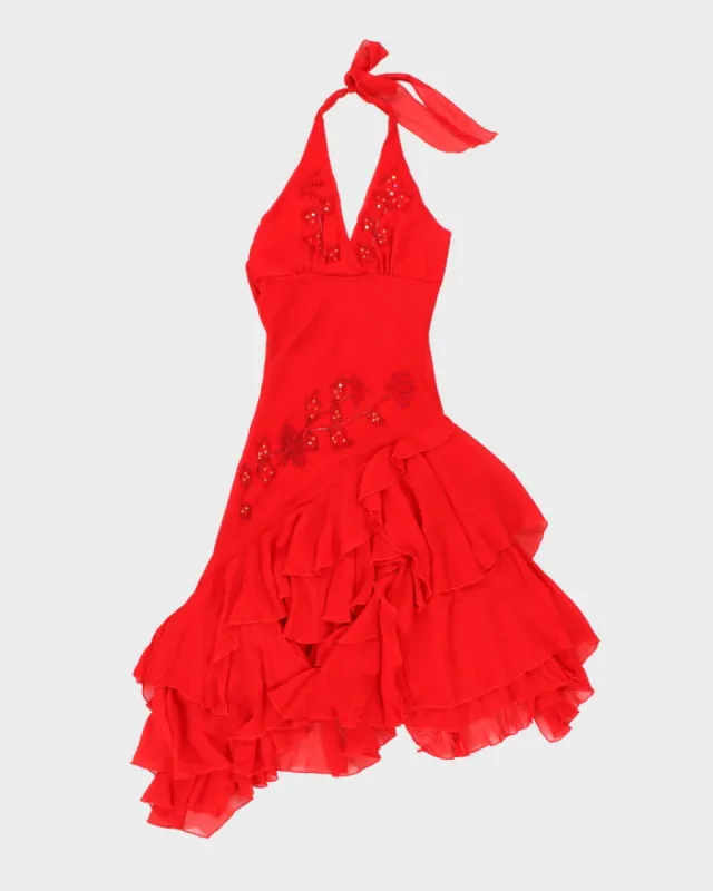 Vintage 90s Red Beaded Ruffle Halter Neck Dress - S sold by Rokit