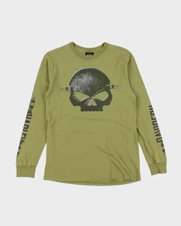00s Harley Davidson Green Skull Long Sleeved T-Shirt - M sold by Rokit
