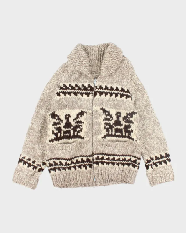 Vintage 80's Heavyweight Wool Cowichan Knit Zip Cardigan - L sold by Rokit