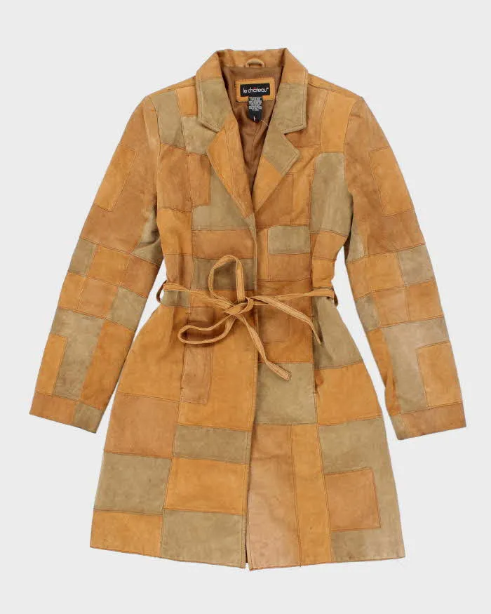 Vintage 90s Le Chateau Warm Brown Suede Belted Patchwork Coat - M sold by Rokit