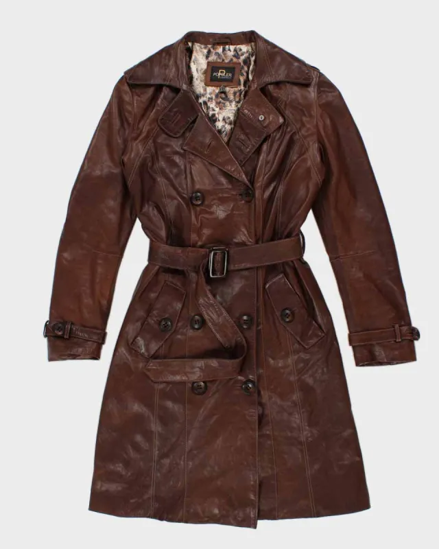 Womens Brown Leather Long Trench Coat - S sold by Rokit