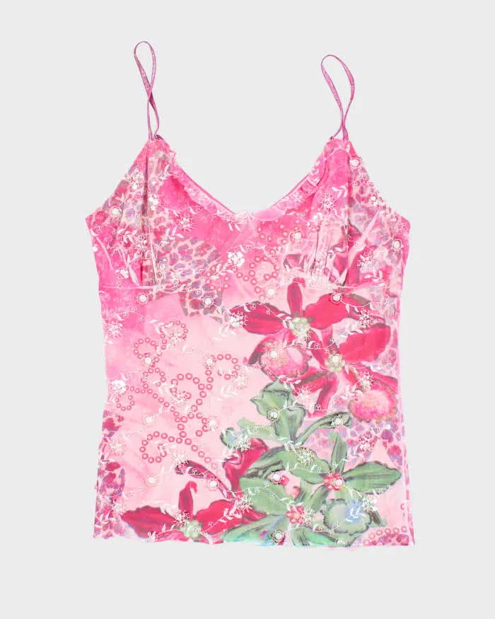Y2k 00s Venus USA Pink Sequin Floral Cami - S sold by Rokit