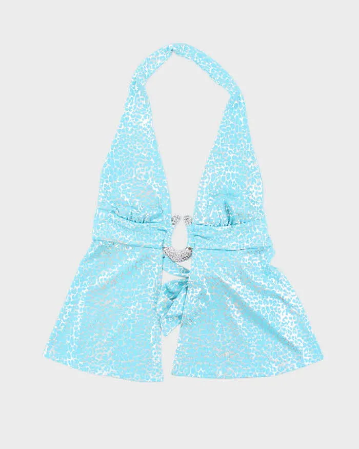 Y2k 00s Blue Leopard Print Backless Halter - S sold by Rokit