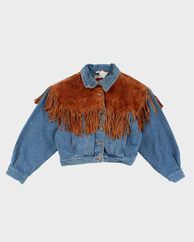 Vintage Woman's Medium Wash Suede Fridge Cropped Denim Jacket - M sold by Rokit