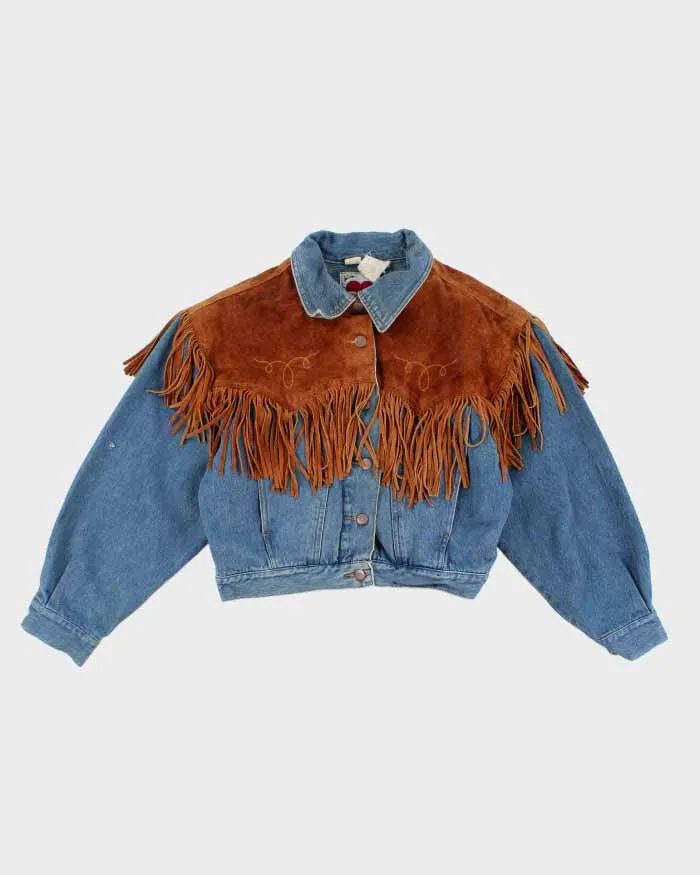 Vintage Woman's Medium Wash Suede Fridge Cropped Denim Jacket - M sold by Rokit