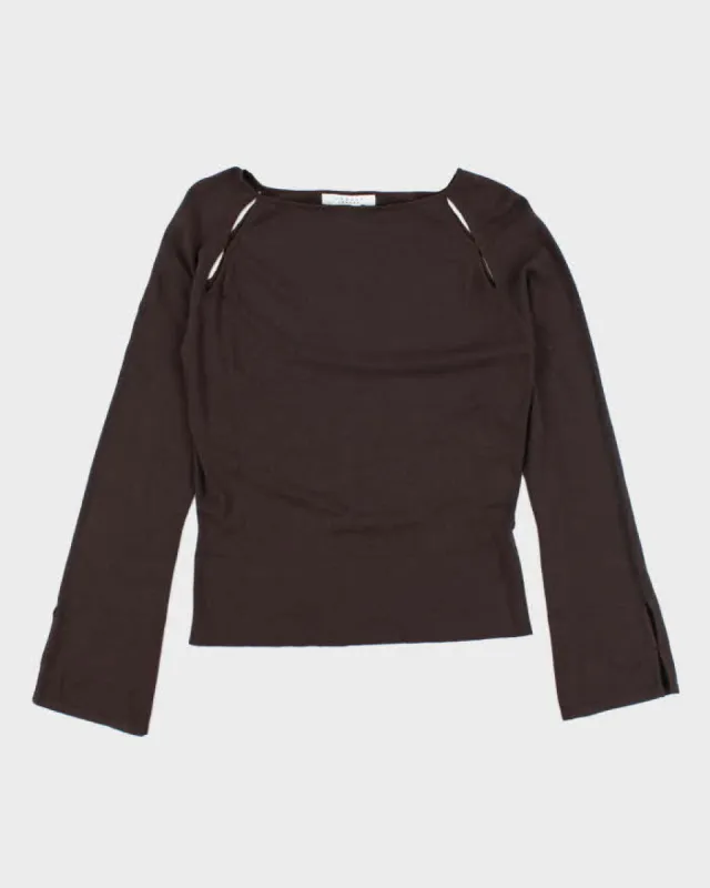 Nougat Brown Silk Cut-Out Long Sleeve Top- S sold by Rokit