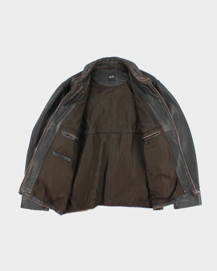 Vintage Y2K Hugo Boss Heavyweight Brown Leather Button Up Jacket - L sold by Rokit product image thumbnail 4