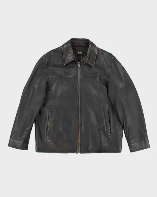 Vintage Y2K Hugo Boss Heavyweight Brown Leather Button Up Jacket - L sold by Rokit