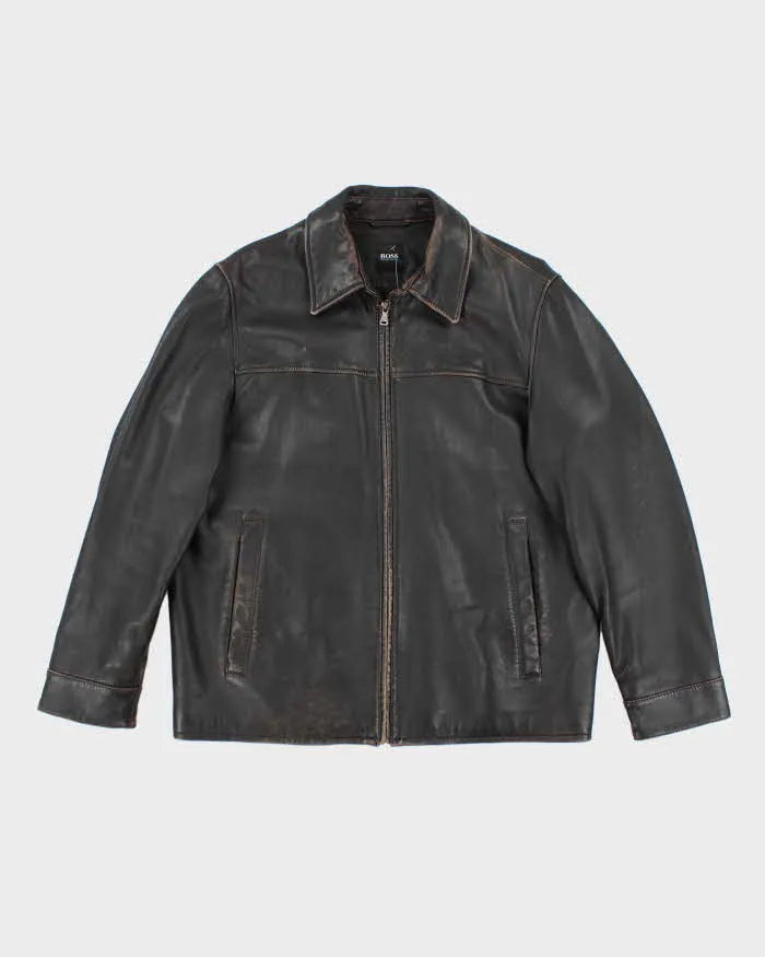 Vintage Y2K Hugo Boss Heavyweight Brown Leather Button Up Jacket - L sold by Rokit