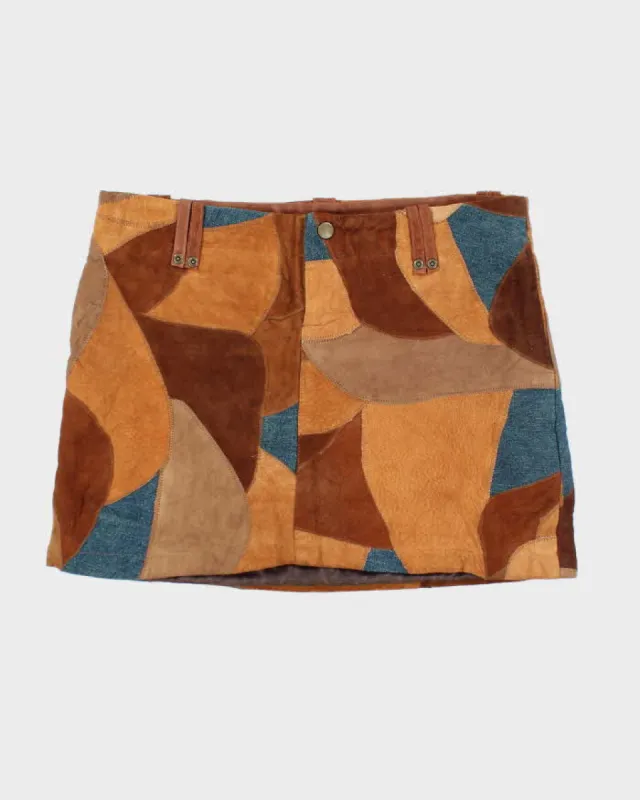 Vintage Y2k 00s Suede & Denim Patchwork Mini Skirt - S sold by Rokit