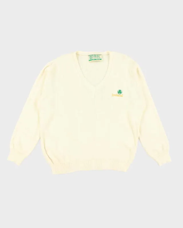 Vintage Traditional Craft Embroidered Shamrock V-Neck Knit Jumper - L sold by Rokit