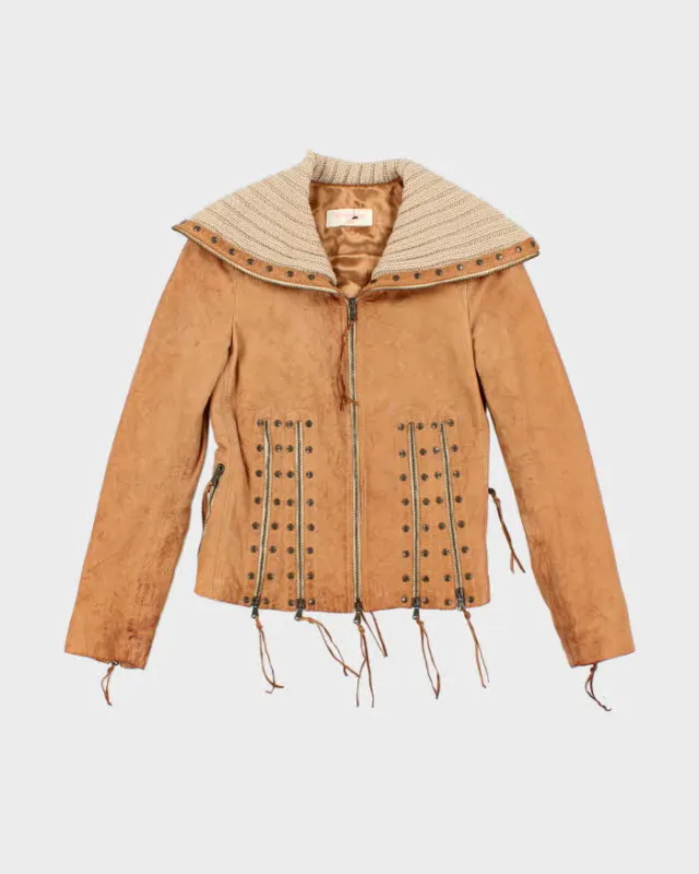 Vintage Y2k 00s Brown Studded Zip-up Leather Jacket - XS sold by Rokit