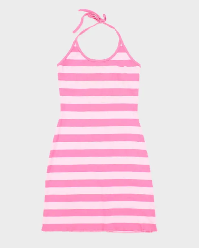 Vintage Y2k 00s Guess Pink Stripe Halter Neck Dress - M made by Guess