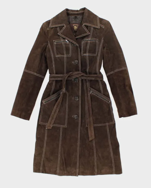 Vintage Y2k 00s Guess Brown Long Suede Jacket - S sold by Rokit