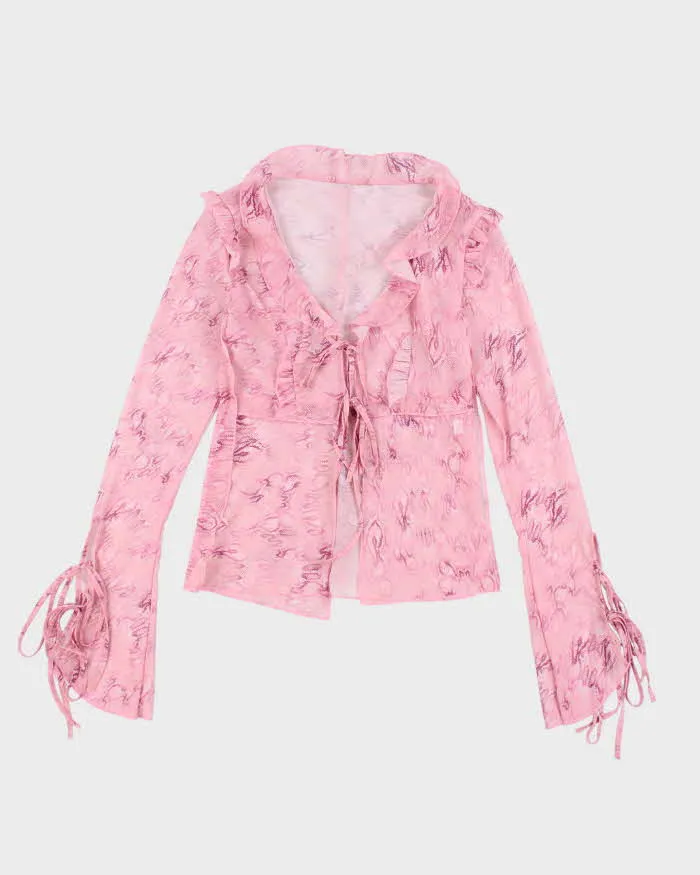 Vintage Y2k 00s Animal Print Mesh Tie -Up Top - M sold by Rokit