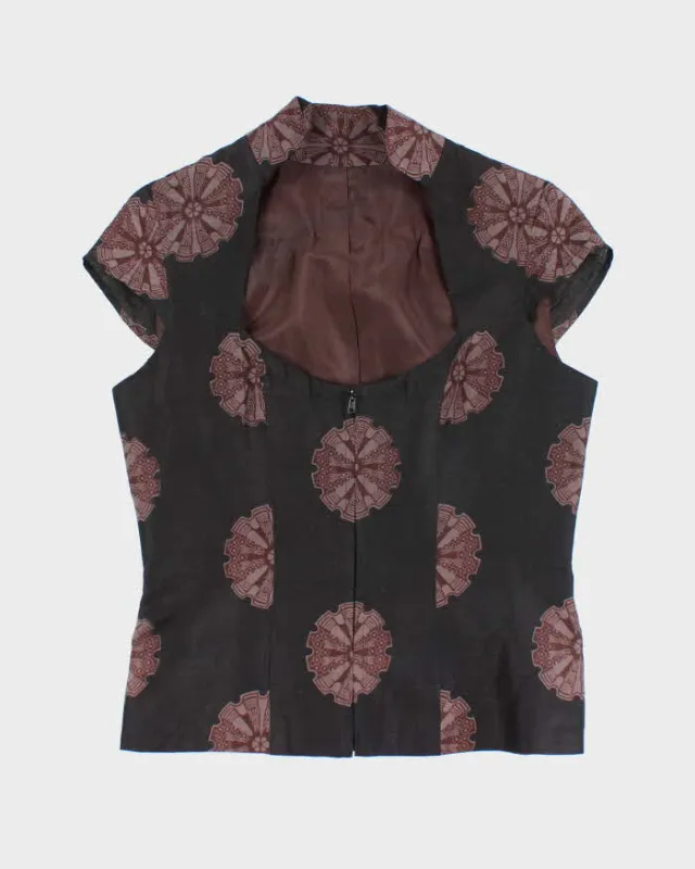 Vintage High Neck Zip-Up Pattern Blouse - M sold by Rokit