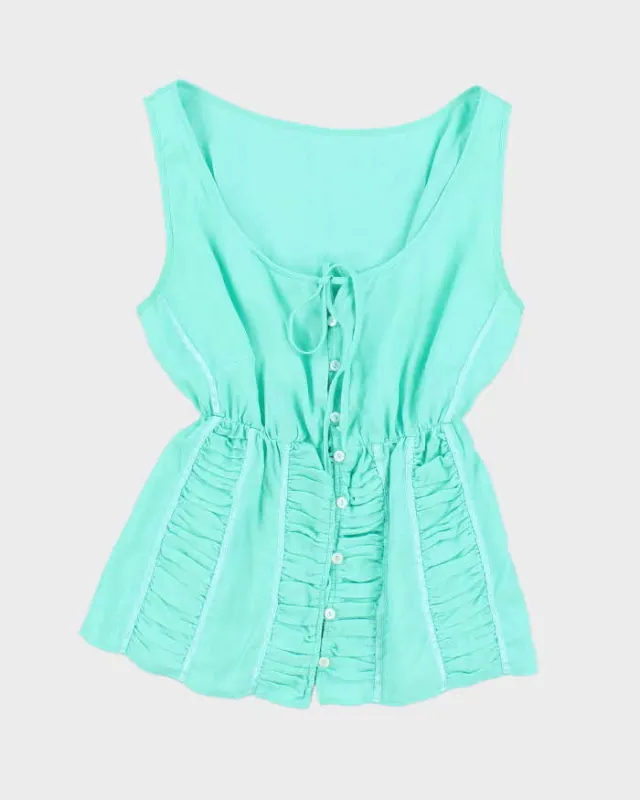 Vintage 00s Blue Linen Ruched Sleeveless Top - M sold by Rokit