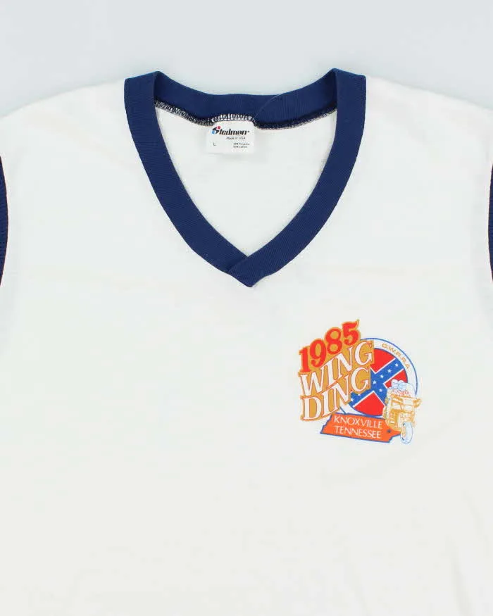 Vintage 80's Wing Ding Biker Graphic V-Neck T-Shirt - L sold by Rokit product image thumbnail 3