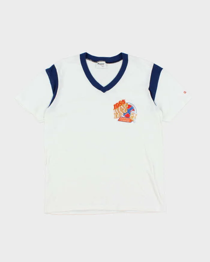 Vintage 80's Wing Ding Biker Graphic V-Neck T-Shirt - L sold by Rokit