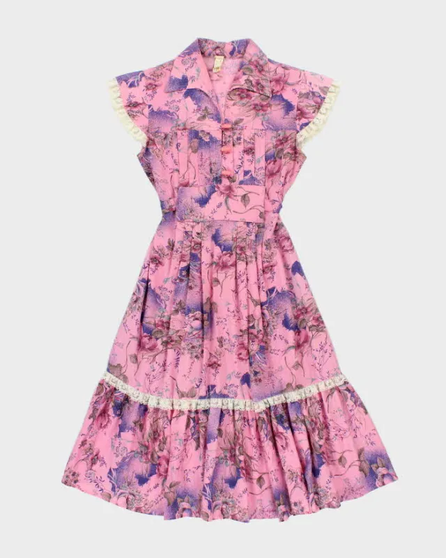Vintage Pink Floral Lace Trim Dress - S sold by Rokit