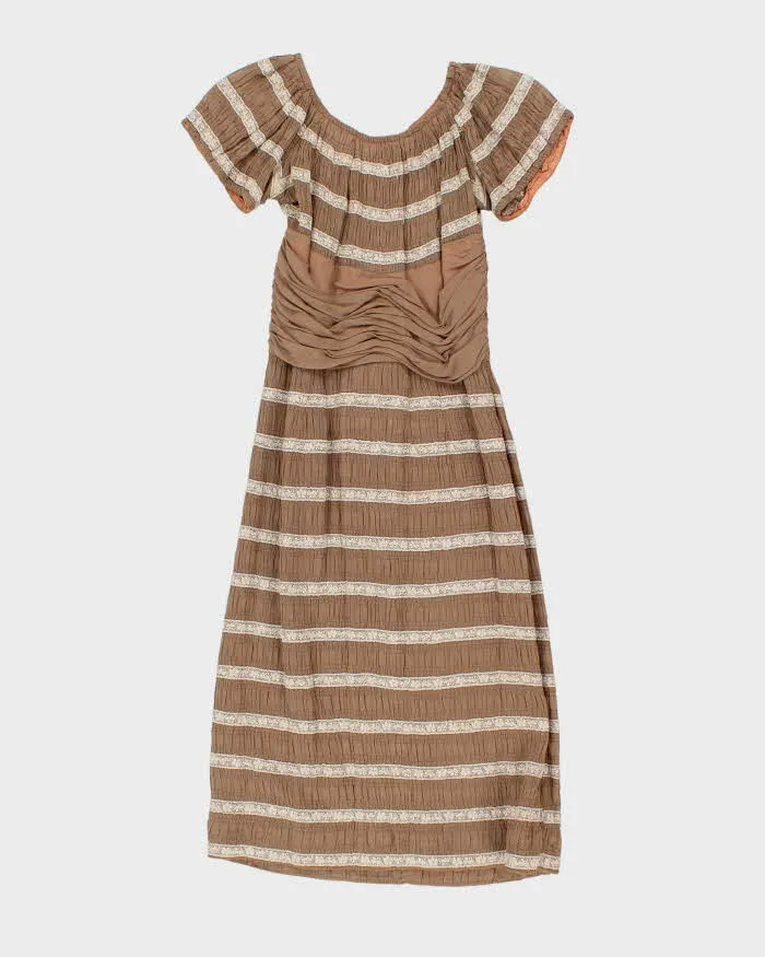 Vintage 50s Brown Lace Ruches Waist Dress - XS sold by Rokit