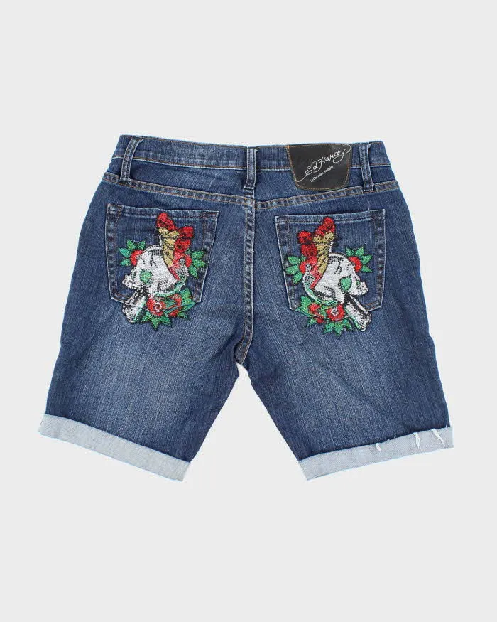 Vintage Y2K Ed Hardy Sequined Pocked Dark Wash Denim Shorts - W30 L9 sold by Rokit product image thumbnail 2