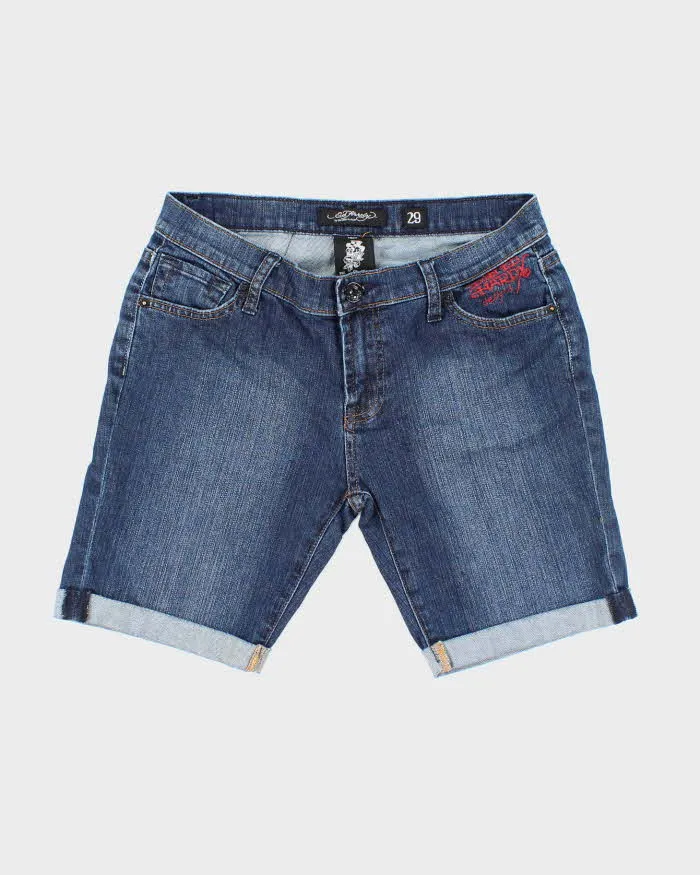 Vintage Y2K Ed Hardy Sequined Pocked Dark Wash Denim Shorts - W30 L9 sold by Rokit