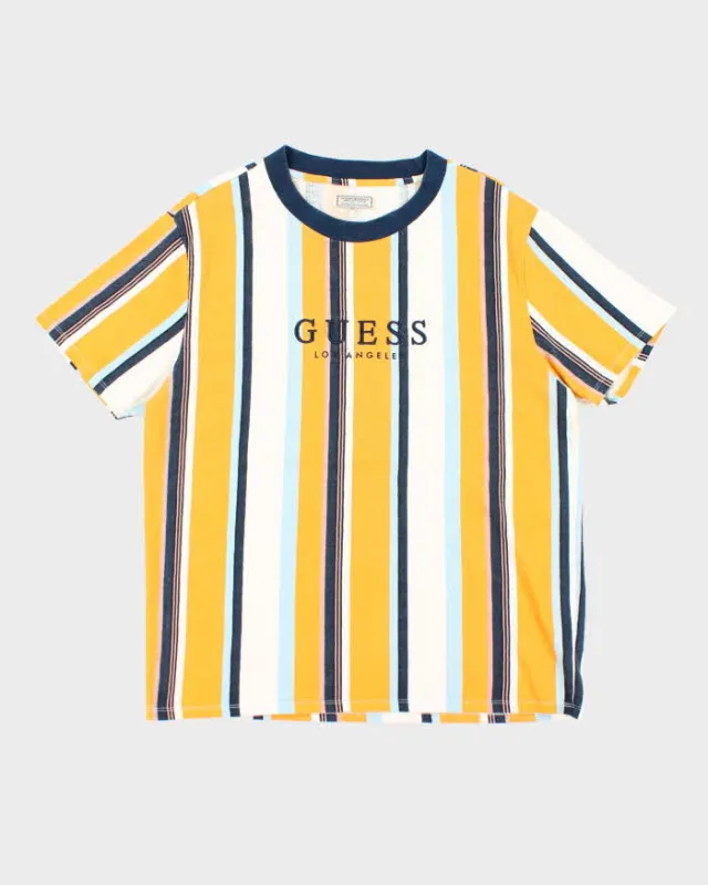 Vintage 90's Guess Striped Embroidered Logo T-Shirt - L sold by Rokit