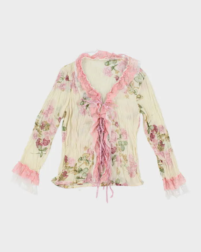 Vintage 90s Floral Mesh Lace-Up Blouse - S sold by Rokit
