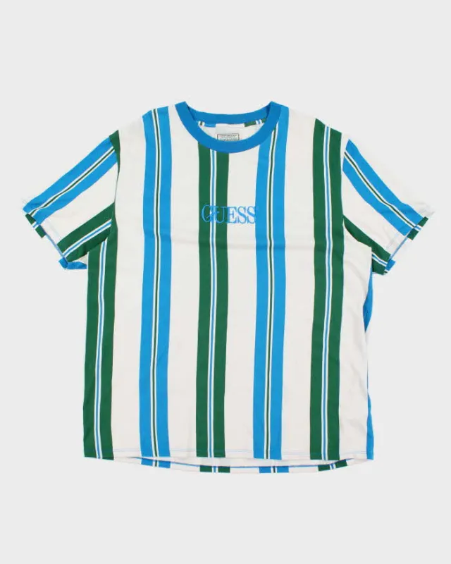 Vintage 90's Guess Striped Embroidered Logo T-Shirt - XL sold by Rokit