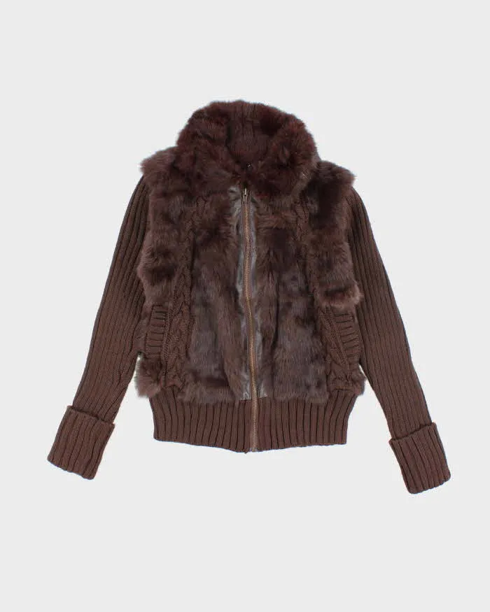 Vintage Y2k 00s Brown Knit Faux Fur Zip-Up Jumper - S sold by Rokit