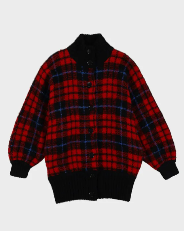 Red Tartan Patterned Knitted Cardigan - L sold by Rokit