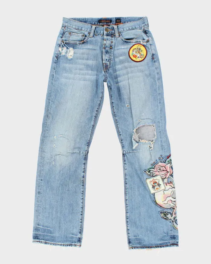 Vintage Y2k 00s Ed Hardy Patchwork Distressed Jeans - W34 L34 sold by Rokit