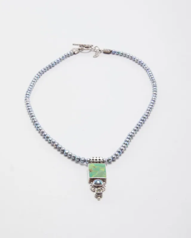 Vintage Silver Beaded Stone Necklace sold by Rokit