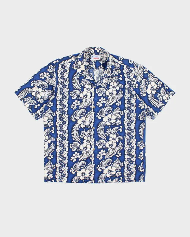 Vintage 90s Blue Hibiscus Pattern Hawaiian Shirt - L sold by Rokit