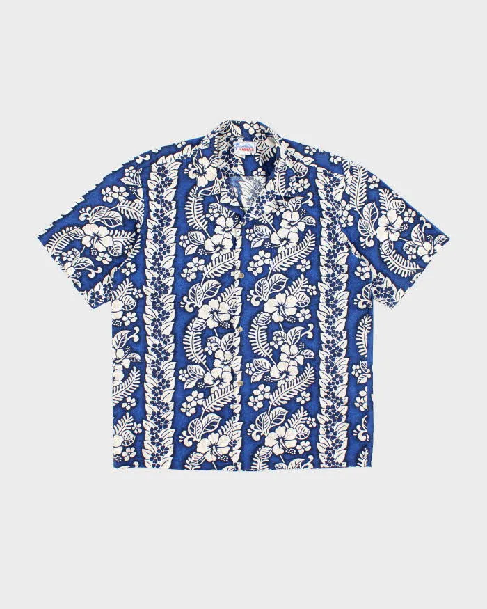 Vintage 90s Blue Hibiscus Pattern Hawaiian Shirt - L sold by Rokit