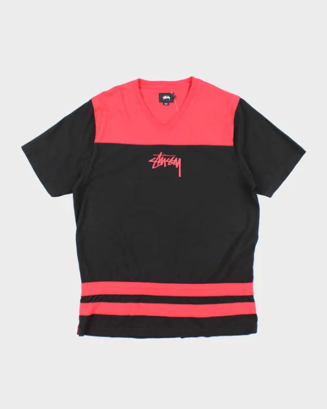 Vintage Stussy Two Tone Centre Graphic V-Neck T-Shirt - XL sold by Rokit